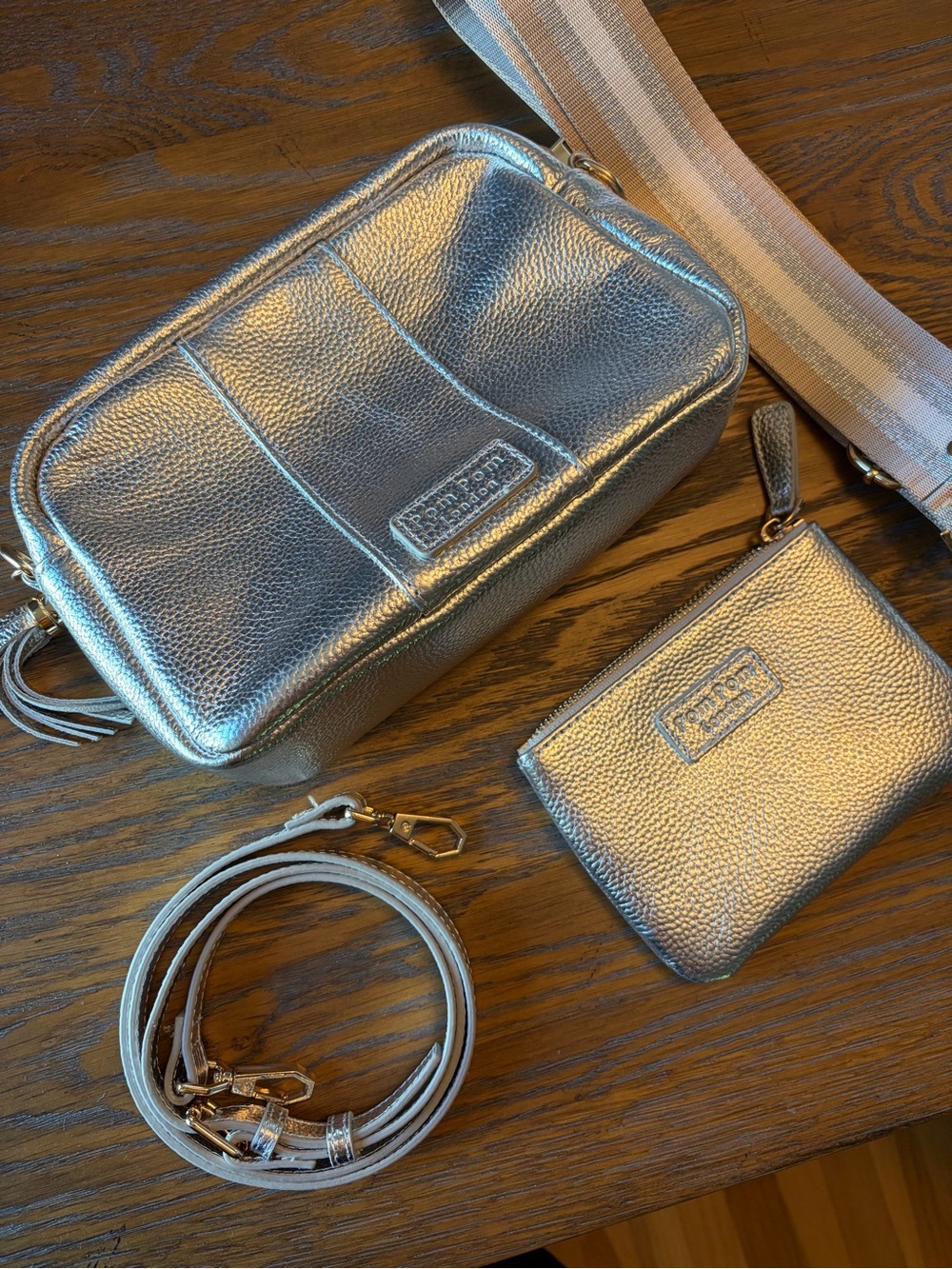 Pom Pom London Metallic Silver Crossbody Bag with coin purse, two straps